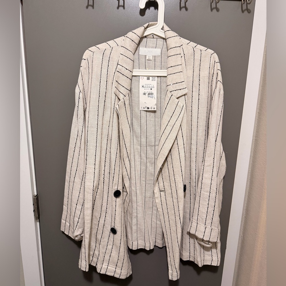 Zara Cream and Black Striped Blazer with sequins